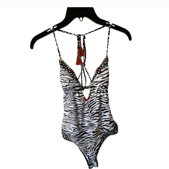 Victorias Secret Zebra Strappy T-Back One Piece Halter Plunge Swim Suit S - Picture 3 of 4